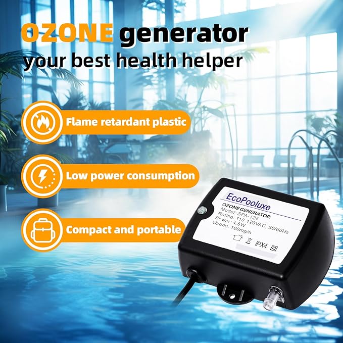 SPA-124 Spa-Ozonator Kit, 100mg/h Efficient Output Ozone Machine, Mini Portable Ozone-Generator with Check Valve&PVC Hose for Cold Plunge and Hot Tub, Black