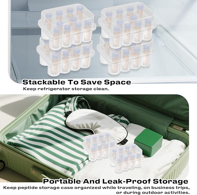 4-Pack Peptide Case for Fridge, Peptide Storage Case for 3 ml Bottles, 10-Slot Insulin & Peptide Holder Each, 40 Slots Total, Semi-Transparent Vial Storage Case for Diabetic Care