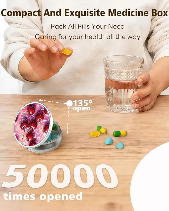 LRITER Pill Case, Portable Travel Pill Box, Pillbox Organizer, Cute Small Medicine Storage Container, Purse Accessories for Women, Men (Cherry)