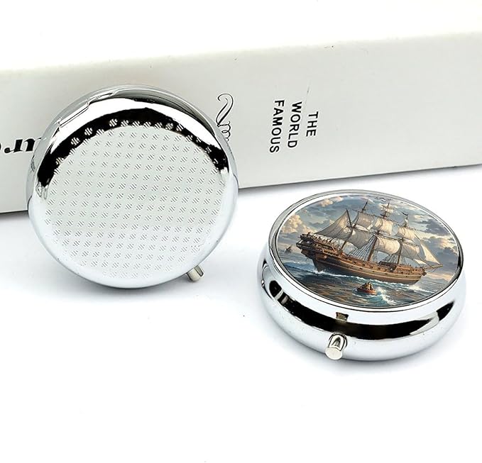 Nautical Sailing Pirate Ship Pill Box Travel Pill Case for Purse Pocket Weekly Medicine Organizer with Mirror 3 Compartment Round Medicine Case Portable PillcaseHolder for Daily