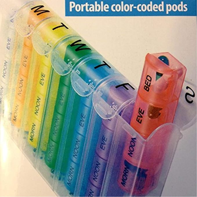 Pill Case | Portable Pop-up Pill Organizer | Weekly Color-Coded pods | Spring-Loaded Action | 28 Compartments | Large Vitamins Pills Organizer Great for Travel or Everyday Use