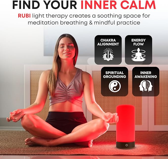 Rubi Red Light Therapy Lamp – 670nm Wavelength for Natural Sleep, Relaxation & Wellness | Adjustable Brightness for Bedroom Light | Elegant Glass & Wood Design | One-Touch Lamp Switch