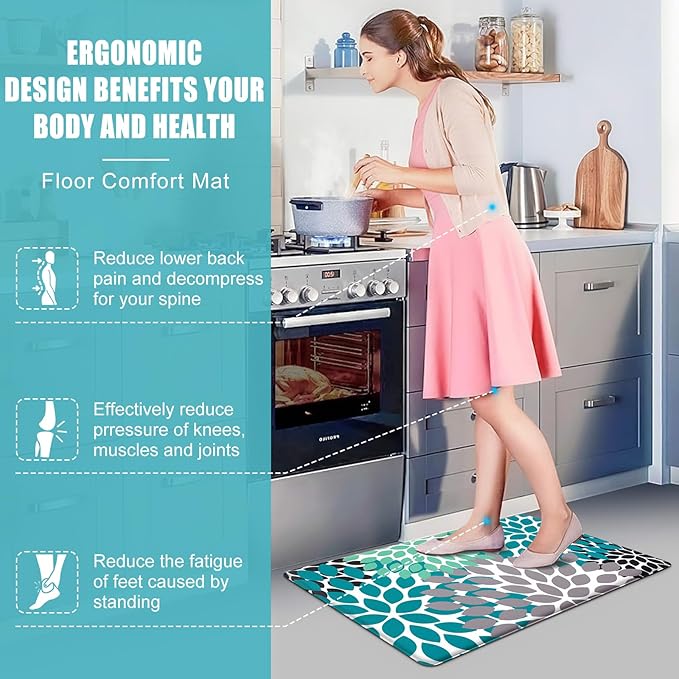 Likiyol Kitchen Mats for Floor [2 PCS] Anti-Fatigue Comfort Kitchen Rugs, Boho Flower Cushioned Waterproof Kitchen Decor Mat Thick, Standing Floor Mats for Home/Office, 18''x30''+18''x48''(Teal)