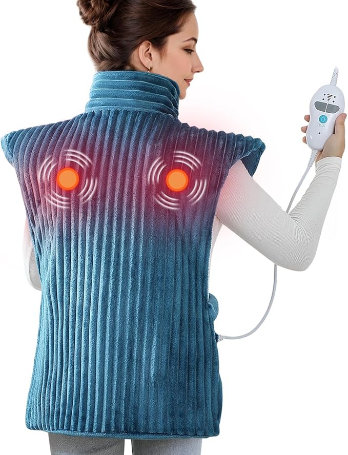 Dowin Vibrating Heating Pad for Neck and Shoulders,24"x35" Large Heating Pads for Back Pain Relief with 2 Massagers,Auto-shutoff,2 Heat Settings,4 Massage Modes,Machine Washable,Teal
