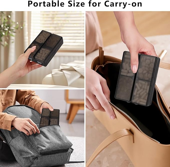 FYY Daily Pill Organizer,2 Pcs 7 Compartments Portable Pill Case Travel Pill Organizer,[Folding Design] Pill Box for Purse Pocket to Hold Vitamins,Cod Liver Oil,Supplements and Medication-Clear Black