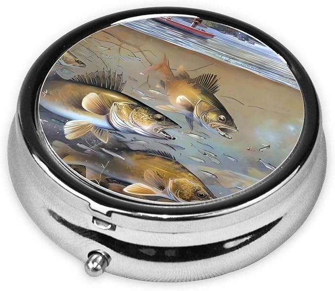 Fishing Lake Fishermen Printed Round Travel Pill Box Cute Small Metal Pocket Pill Case for Men & Women 3 Compartment Portable Pill Organizer for Purse or Pocket