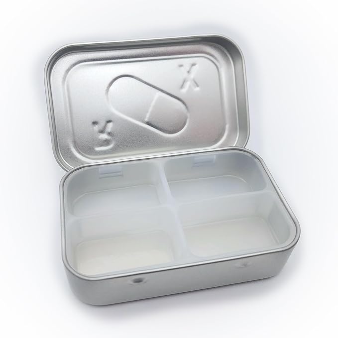 Generic Travel Pill Tin - Quality Portable Medication Storage Solution Embossed Tin Design with Silicone Divider Insert (4 Compartments)