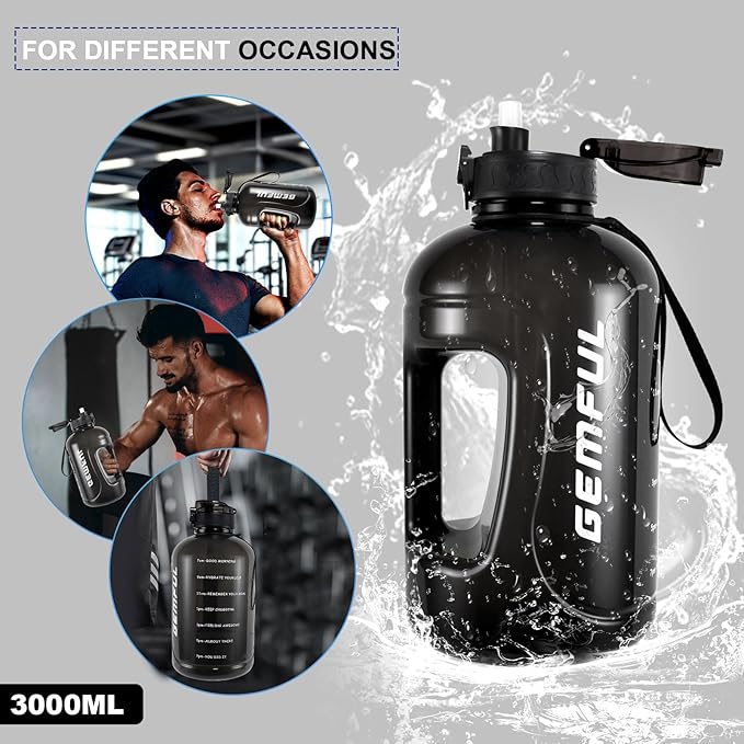 GEMFUL 3L Water Bottle with Straw & Time Marker Motivational Large Water Jug BPA-Free Leakproof Bottle 101oz for Gym Sports Fitness Hiking (Black with Removable Straw)