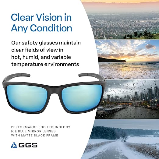 Bullhead Safety Eyewear Pompano Glasses - Anti-Fog, Lightweight, Impact/Scratch Resistant, Polarized Sunglasses for Cycling, Fishing, Driving, Ice Blue/Matte Black