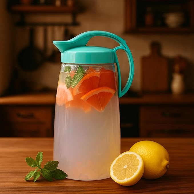 One-Touch Airtight Pitcher with Lid, 2.3QT (74oz) – Heat Resistant, Leakproof Quickpour Jug for Hot & Cold Drinks, Coffee, Tea, Water, Space-Saving, Dishwasher Safe, Made in Japan (Turquoise)