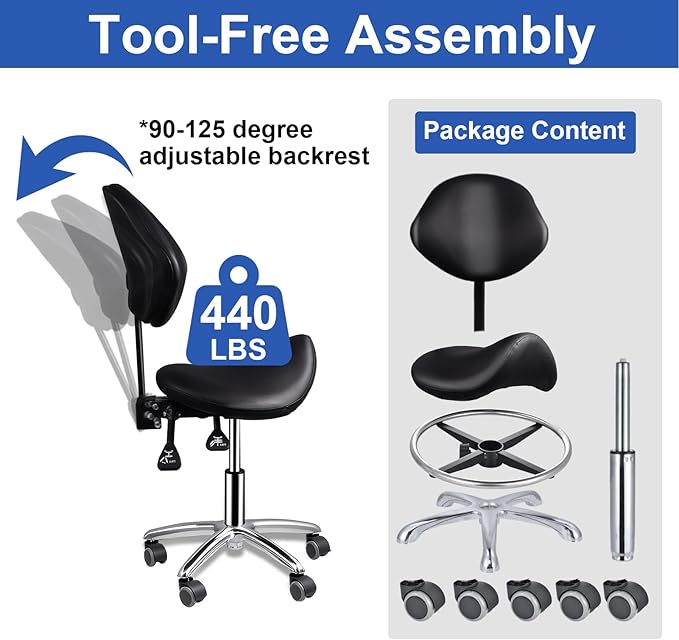 Saddle Stool with Adjustable Backrest and Footrest, Hydraulic Height Swivel Saddle Chair Ergonomic Rolling Stool with Wheels, Heavy Duty SaddleChair for Beauty Salon Spa Dentist tattooshop (Black)