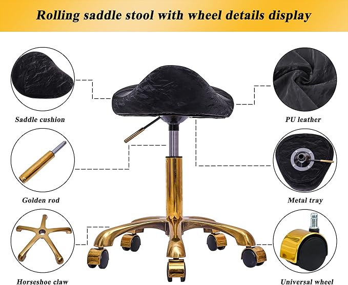 Saddle Stool Gold Rolling Stool with Wheels, PU Leather Roller Vanity Chair, Height Adjustable Swivel Saddle Chair for Pedicure, Tattoo, Massage, Salon, Spa (Black)