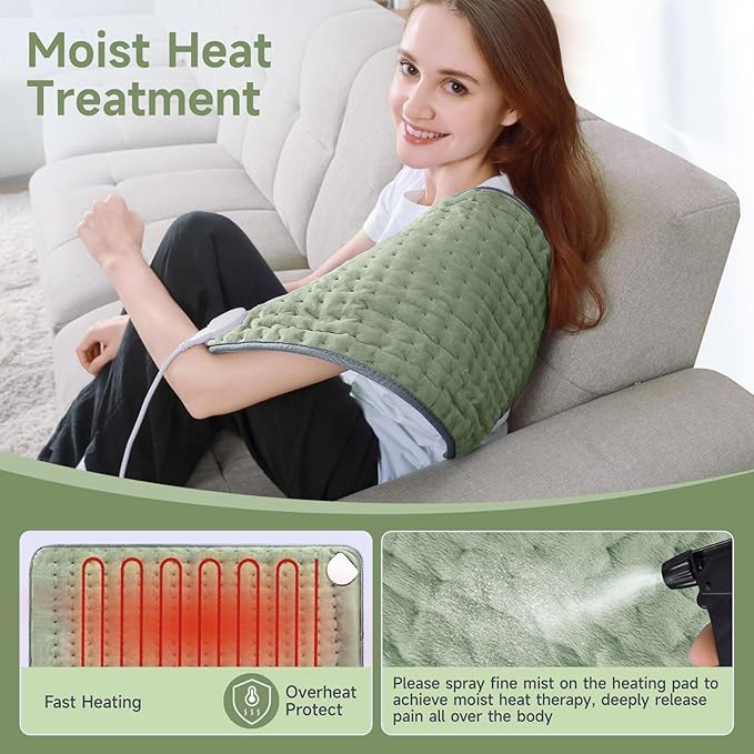12"x24" Heating Pad for Back Pain Cramps Relief, Full Body Heating Pads Christmas Gift for Women Mom Dad, Heating Pad with 6 Heat Settings 4 Timer Machine Washable (Green)