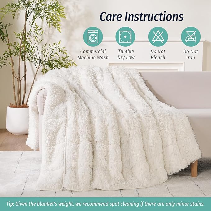 Wemore Shaggy Long Fur Faux Fur Weighted Blanket, Cozy and Fluffy Plush Sherpa Long Hair Blanket for Adult 15lbs, Fluffy Fuzzy Sherpa Reverse Heavy Blankets for Bed, Couch, Cream White, 48 x 72 Inches