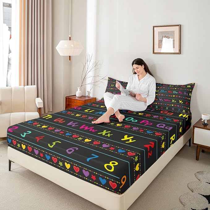 ABC Alphabet Bed Sheet Set Twin, Alphabet Numbers Fitted Sheet for Kids Educational Learning Bedding Set Learning Time Bed Cover with 1 Pillow Case (No Flat Sheet)