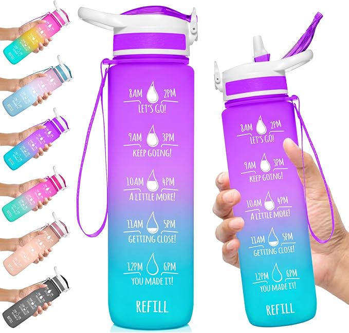 NatureWorks HydroMATE 32 oz Water Bottle with Time Markings Hourly BPA Free Reusable Leak Proof with Straw and Carrying Strap 1 Liter