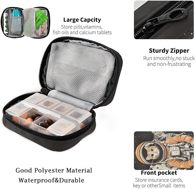 Fustylead Cute Cat Animal Astronaut Pill Organizers 2 Times A Day Pill Case Bag with Zipper Portable Weekly Pill Dispensers for Vitamin Supplement