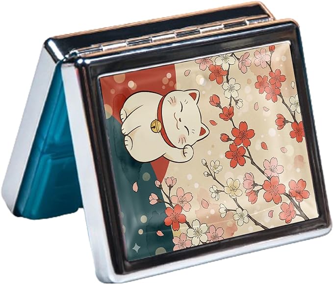 Metal 7 Day Pill Organizer, Weekly Pill Case with 8 Compartments, Travel Pill Box for Purse & Pocket, Small Medicine & Vitamin Organizer with PP Dividers (Sakura Lucky Cat)