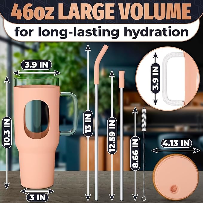 46 Oz Glass Tumbler with Lid – Large Peach Tumbler with Straw and Lid | Ergonomic Glass Water Bottle with Handle, 2 Straws, Silicone Sleeve, Dishwasher Safe, Easy Visibility | Valentine's Day Gift