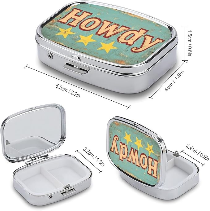 Vintage Howdy Western Pill Box 2 Compartment Portable Medicine Pill Case Travel Pill Organizer for Pocket Purse
