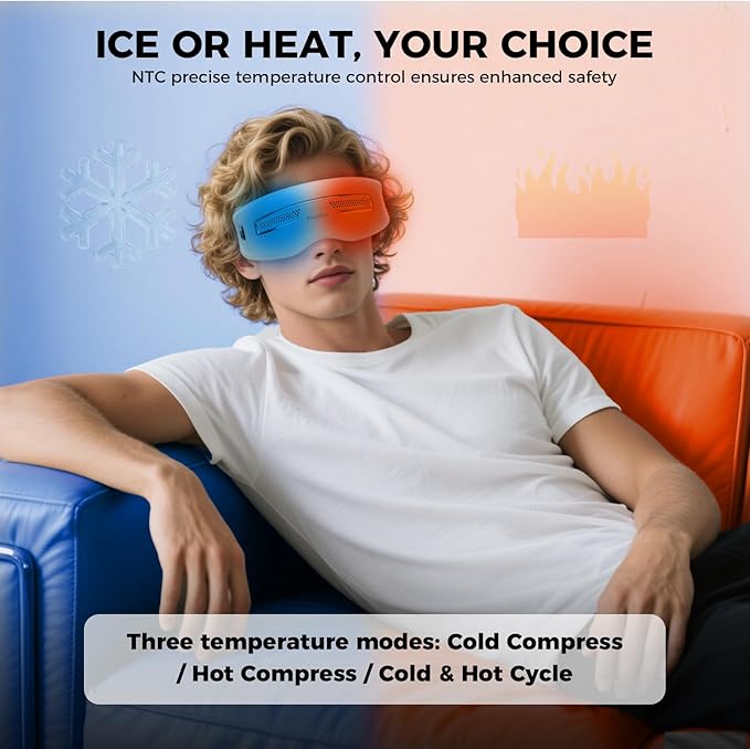 Eye Massager with Heat and Cooling, 12 Vibrators, 4 Massage Modes, 3 Temp Settings, Rechargeable Bluetooth Music, Gifts for Women/Men,Smart Sleep Mask for Relax, Reduce Strain