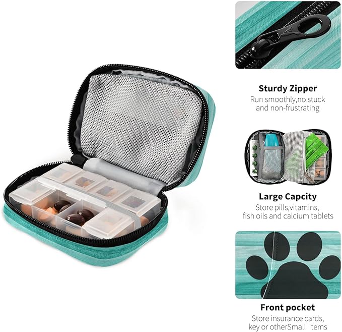 Ollabaky Teal Turquoise Wooden Striped Pill Case, Weekly Portable Dog Paw Pill Bag Container 7 Days Pill Box Organizer Vitamin Supplement Holder with Zipper for Travel Family Busines