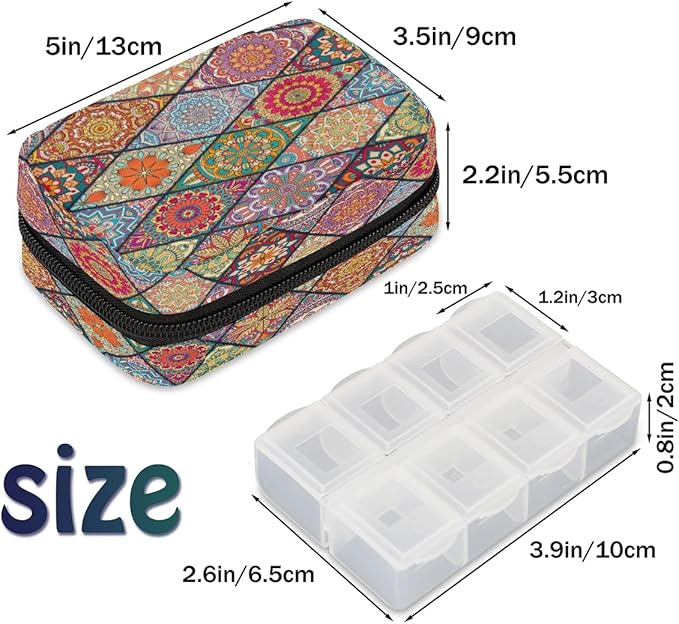 Color Mandala Geometric Bohemian Travel Pill Organizer Box Weekly Portable Pill Case Daily Pills 7 Day Small Birth Control Pills Container Removable Compartments for Medicine Vitamins Fish Oil