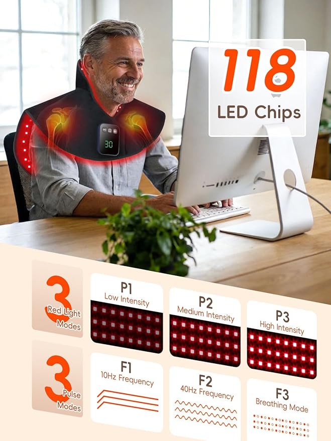 Cordless Red Light Therapy for Neck & Shoulders Pain Relief, 5000mAh 850nm Infra Device for Upper Back Muscle Relax with Timer, Rechargeable 660nm Wearable Heating Pad, for Women Men