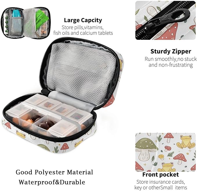 Fustylead Cute Yellow Frog and Mushroom Travel Pill Organizer Bag with Zipper Small Pill Box 7 Day Pill Case for Purse Storage Weekly Vitamin Medicine Supplement