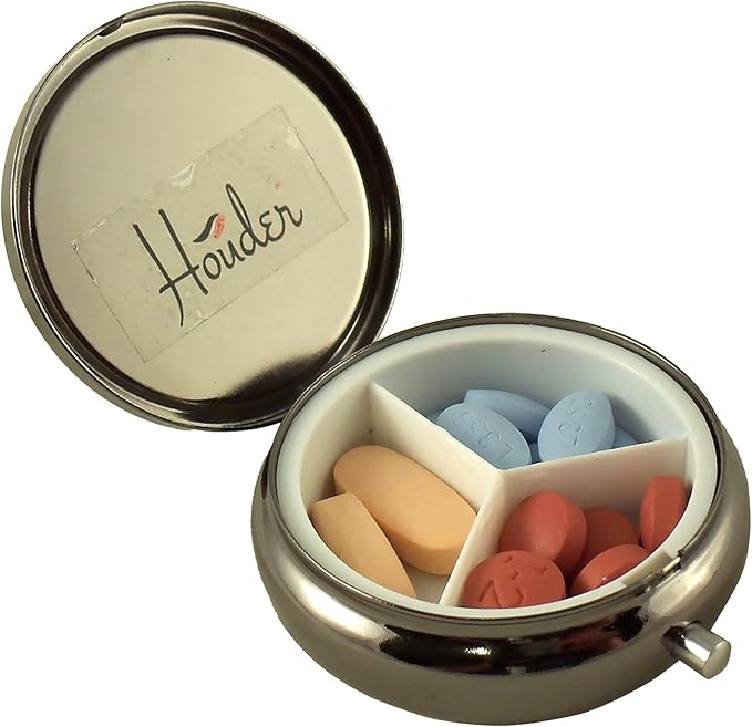 Houder Classy Gray Metal Pill Box Decorative Pill Case with Gift Box - Carry Your Meds in Style (Round)