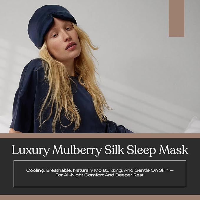 Lunya Washable Silk Sleeping Mask - Thermoregulating Mulberry Silk, Light Blocking and Comfortable Fit – Sleep Mask for Women and Men with Box - Deep Blue - Large