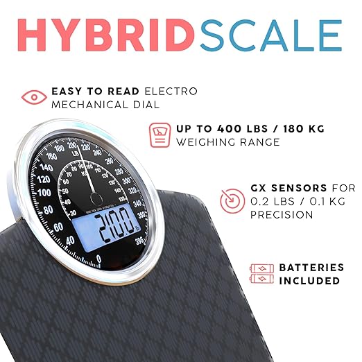 Adamson Hybrid 2-in-1 Analog & Digital Weighing Scale for Body Weight up to 400lbs + Thick Tempered Glass + Extra Large Display + Easy to Read Digital Bathroom Scale + New Version - Black Diamond