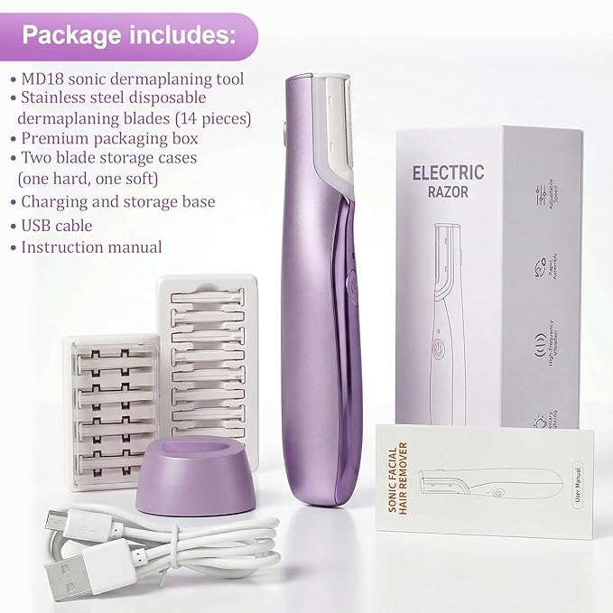 Sonic Dermaplaning Tool for Women, Rechargeable Dermaplane Razor for Peach Fuzz & Facial Hair, Adjustable Sonic Technology, Portable Hair Removal Tool with 14 Blades & Type-C Cable & Storage Base