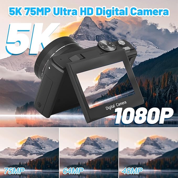 5k Digital Camera,75mp Cameras for Photography with 18x Digital Zoom & Autofocus,3" 180° Flip Screen,WiFi Vlogging Camera for YouTube Video,Photography Cameras for Beginners,With32GB Card & Flas