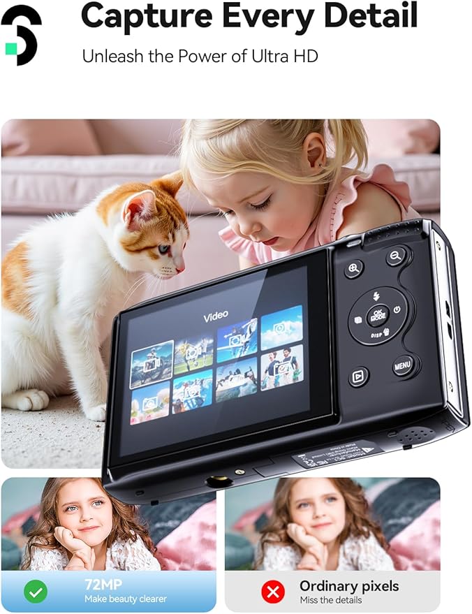 SOOMFON Digital Camera - Max 72MP Point and Shoot Kids Cameras with 16X Zoom, 32G TF Card, 2 Batteries and Card Reader, Compact Digital Camera for Kids Teens Beginners (Black)