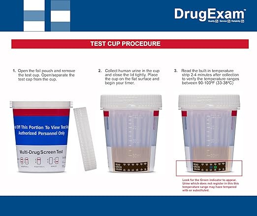 25 Pack - DrugExam 14 Drug Test Cup Kit with Temperature Strip-Testing Marijuana THC50/AMP500/BAR300/BUP10/BZO300/COC150/MDMA500/MET500/MTD300/OPI300/OXY100/PCP25/PPX300/TCA1000