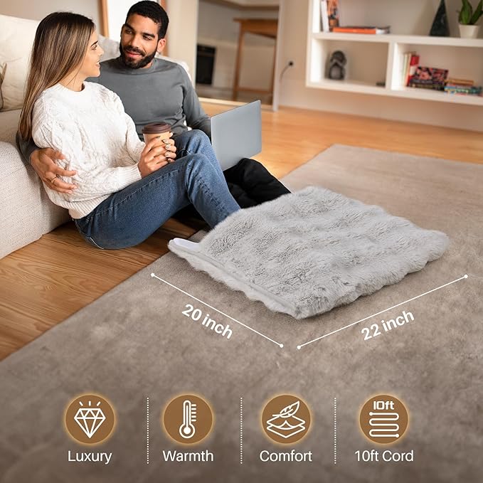 Electric Foot Warmer, Luxury Faux Fur Heating Pad for Feet Pain Relief Cramp, Heated Foot Warmer for Under Desk & Bed with 3 Heat Settings & 2H Auto-Off, ETL Certified, 20x22 Inch, Light Grey