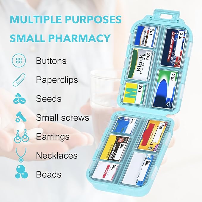 Travel Pill Organizer with Medicine Labels, Travel Pill Box Mini Medicine Organizer Daily Pill Container 10 Compartments Pill Case (Blue, 189 Lables)