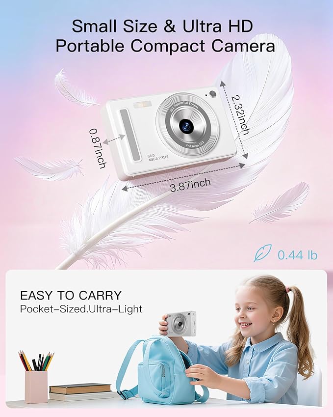 Digital Camera, FHD 1080P Point and Shoot Camera with 32GB SD Card, 2 Batteries, 16X Zoom, Anti Shake, Compact Small Design for Kids Teens Students Girls Boys (White)