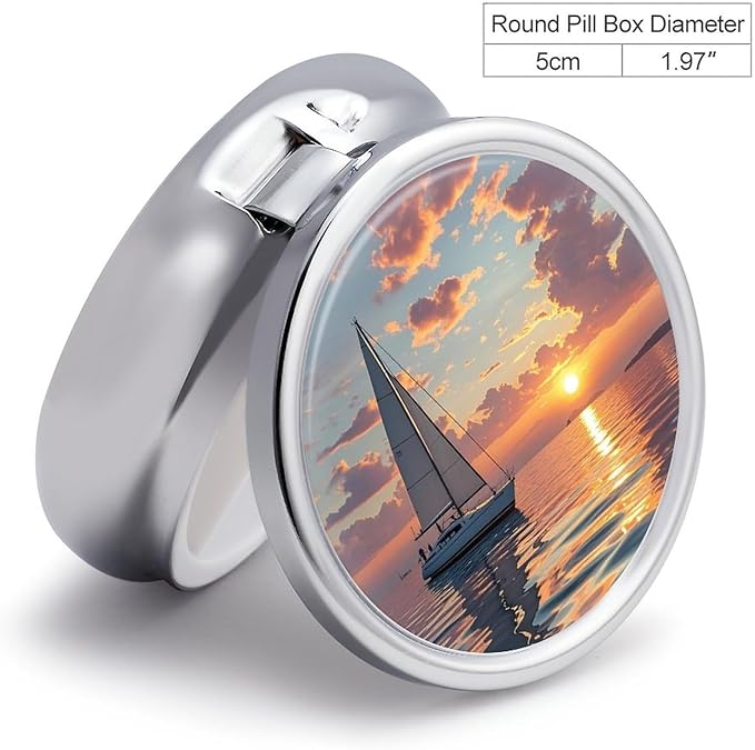 Sailboat and Sunset Pill Box Travel Pill Case for Purse Pocket Weekly Medicine Organizer with Mirror 3 Compartment Round Medicine Case Portable PillcaseHolder for Daily