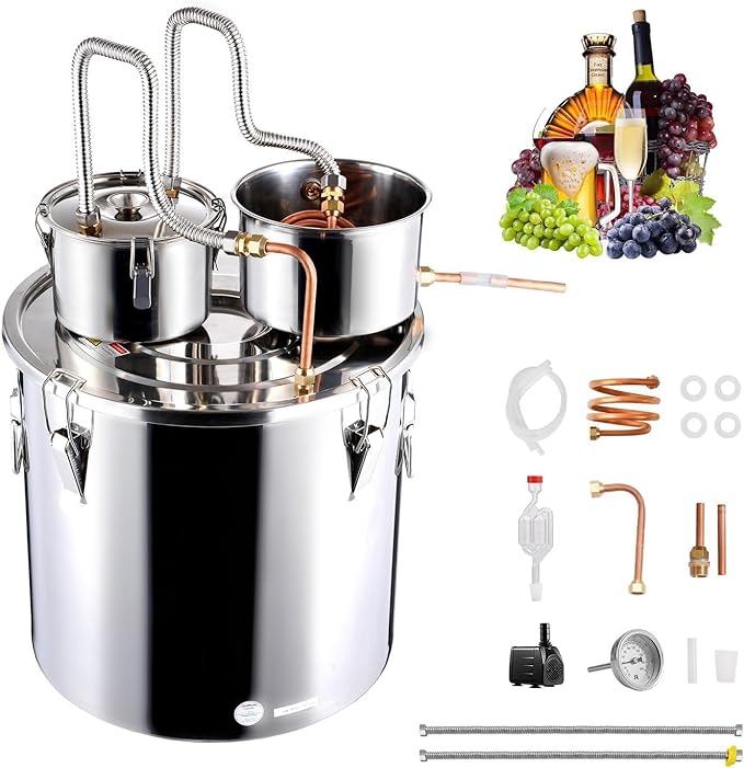 VEVOR Alcohol Still, 5Gal / 19L Alcohol Distiller with Thumper Keg, Distillery Kit for Alcohol with Copper Tube, Build-in Thermometer & Water Pump for Wine Whisky Brandy