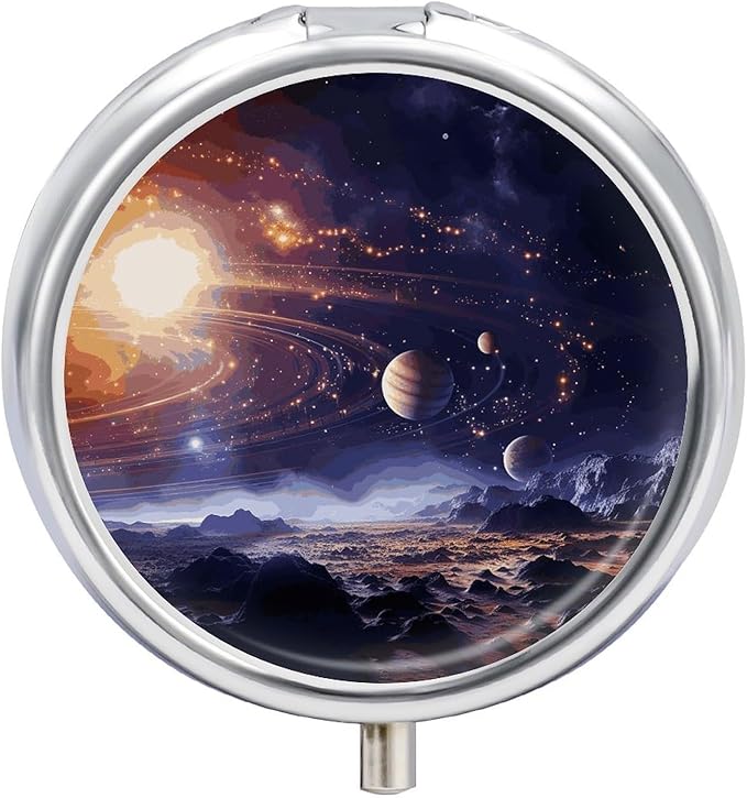 Outer Space Galaxy Universe Pill Box Travel Pill Case for Purse Pocket Weekly Medicine Organizer with Mirror 3 Compartment Round Medicine Case Portable PillcaseHolder for Daily