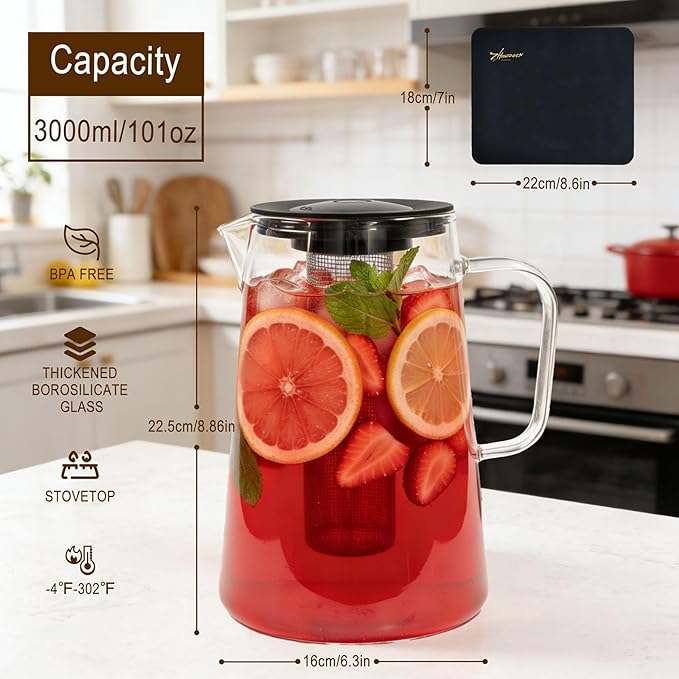 Glass Pitcher with Lid,3 Liter 101oz Glass Water Pitcher,Cold/Hot water jug, Iced Tea Pitcher, Large Jug for Coffee, Juice and Homemade Beverage