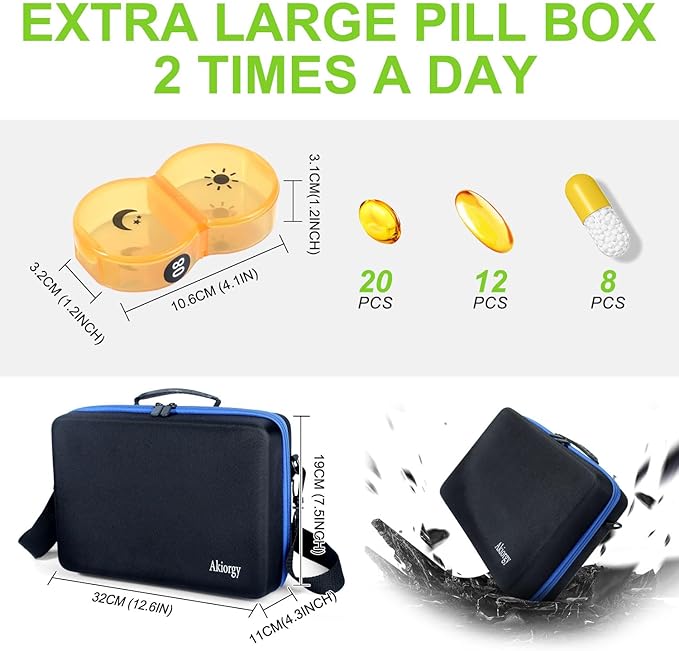 Monthly Pill Organizer Box 2 Times a Day 30 Day, Traval Pill Box with Portable Hard Case, Extra Large Medicine Box Holds Vitamin, Cod Liver Oil & Supplement
