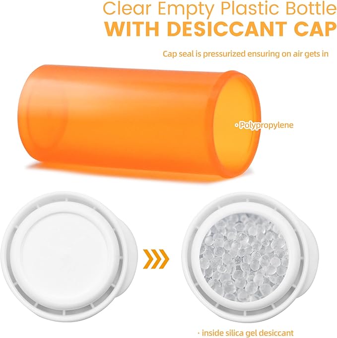 Pill Bottle with Desiccant Cap, Medicine Bottle, Pill Bottles Empty with Caps, Empty Pill Bottles (6 Dram, 24 Pack)