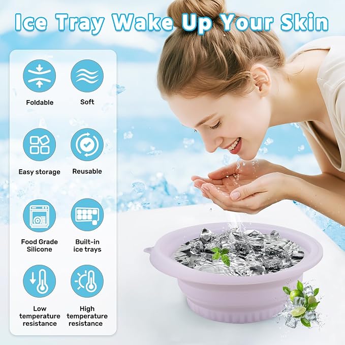 Face Tub for Ice Bath with Built-in Ice Tray – Collapsible Silicone Facial Ice Bath Bowl for Cold Plunge Therapy, Skin Tightening & Acne Relief – Portable Spa Tool for Home & Travel(Purple)