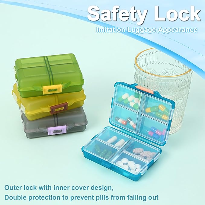 Travel Pill Organizer, Moisture Proof Daily Medicine Dispenser Box, Small Weekly Vitamin Case for Supplement, Fish Oil, Meds, Pocket Pharmacy Cute Capsule Container 8 Compartments, Yellow