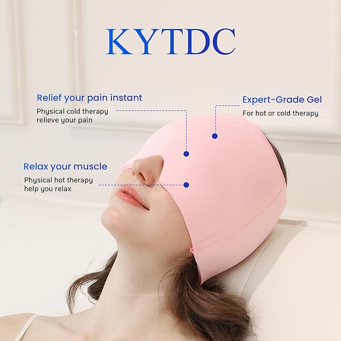 Migraine Relief Cap Gel Ice Head Wrap - Hot & Cold Therapy Soothing Headache Hat Ice Pack Mask, Headache Relief Wrap for Tension, Stress, Hangover&Puffy Eyes,Black&Pink, 2PC((Gift Eye Mask))