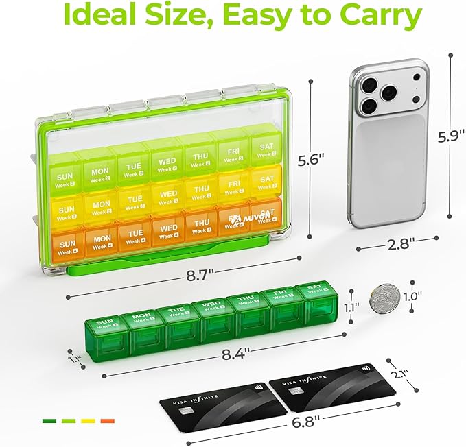 AUVON Moisture-Proof Monthly Pill Organizer, Large 28 Days Pill Box Case with Removable 4 Weeks Medication Organizer Rows, Travel-Friendly to Store Fish Oils, Vitamins, Supplements, Medications