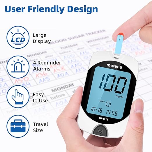 Metene TD-4116 Blood Glucose Monitor Kit, 150 Glucometer Strips, 150 Lancets, 1 Blood Sugar Monitor, Blood Sugar Test Kit with Control Solution, Lancing Device, No Coding, Large Display